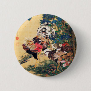 Rooster and Hen with Hydrangeas by Ito Jakuchu 6 Cm Round Badge