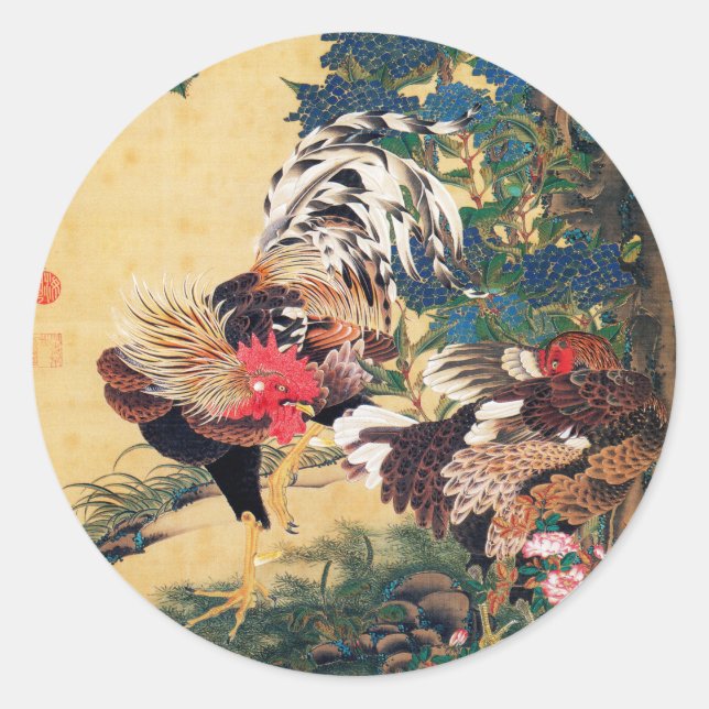 Rooster and Hen with Hydrangeas by Ito Jakuchu Classic Round Sticker (Front)