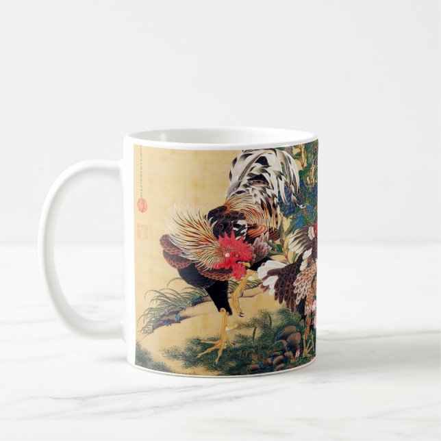 Rooster and Hen with Hydrangeas by Ito Jakuchu Coffee Mug (Left)