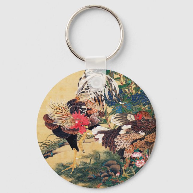 Rooster and Hen with Hydrangeas by Ito Jakuchu Key Ring (Front)