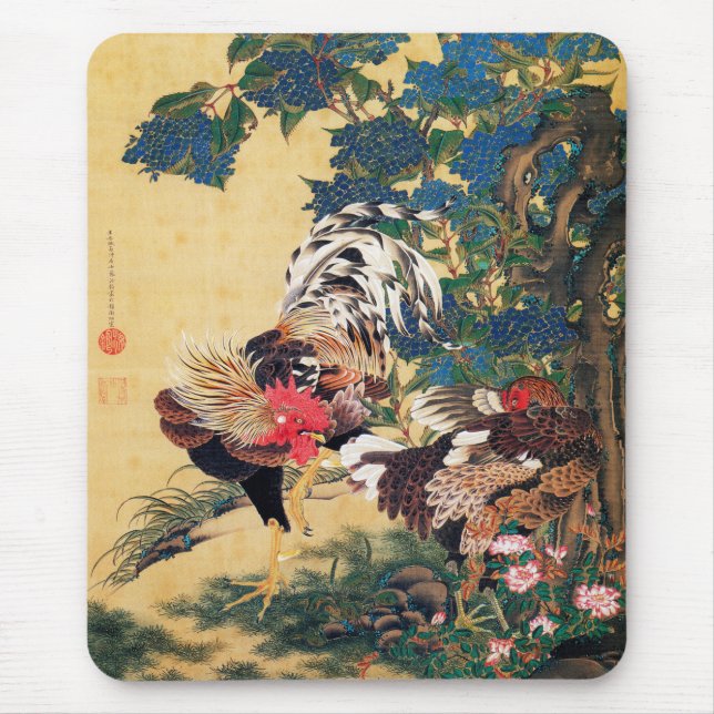 Rooster and Hen with Hydrangeas by Ito Jakuchu Mouse Mat (Front)