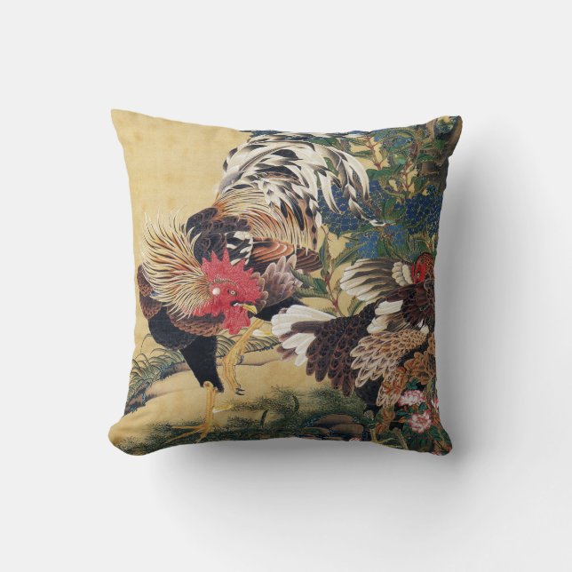 Rooster and Hen with Hydrangeas Cushion (Front)
