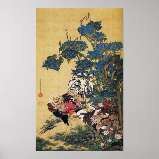 Rooster and Hen with Hydrangeas Poster (Front)