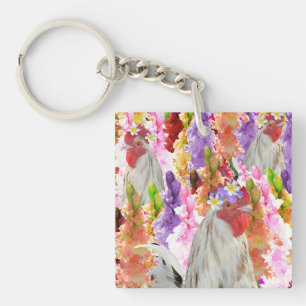Rooster And Hollyhock Flowers, Key Ring