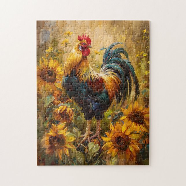 Rooster and Sunflowers Oil Painting Jigsaw Puzzle (Vertical)