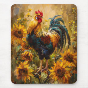 Rooster and Sunflowers Oil Painting Mouse Mat