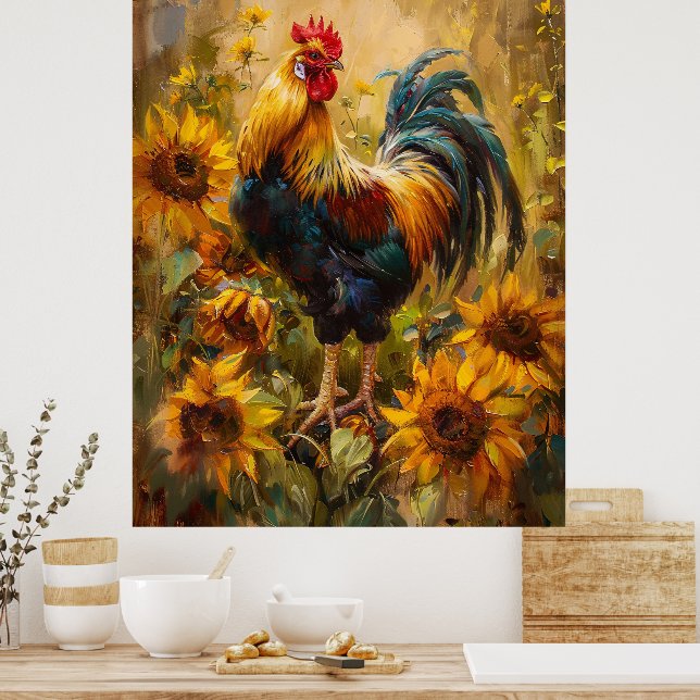 Rooster and Sunflowers Oil Painting Poster (Kitchen)