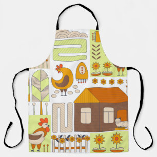 Rooster and two hens, eggs, flowers, house, drawin apron