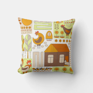 Rooster and two hens, eggs, flowers, house, drawin cushion