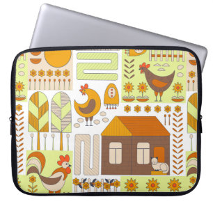 Rooster and two hens, eggs, flowers, house, drawin laptop sleeve