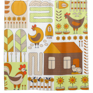 Rooster and two hens, eggs, flowers, house, drawin shower curtain