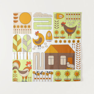 Rooster and two hens, eggs, flowers, house, drawin tapestry