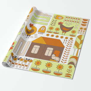 Rooster and two hens, eggs, flowers, house, drawin wrapping paper