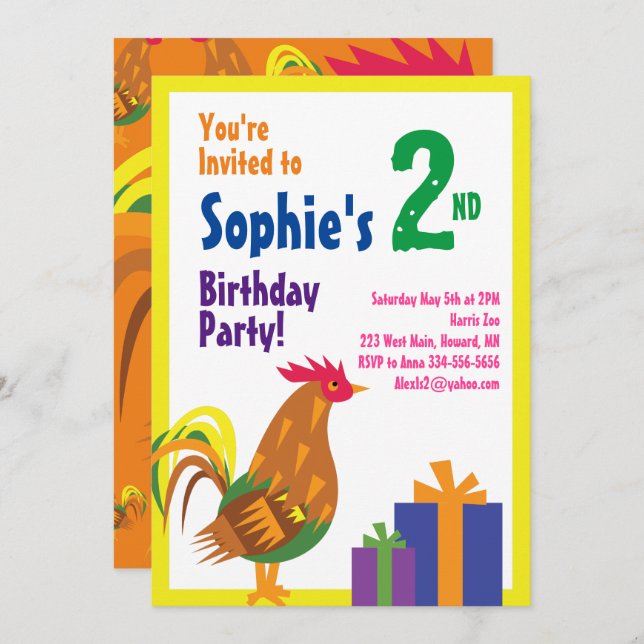 Rooster Animal Kid's Birthday Party Invitations (Front/Back)
