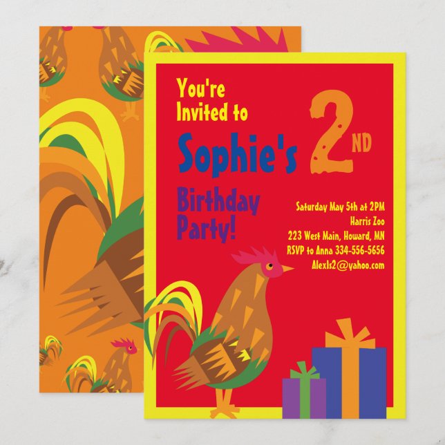 Rooster Animal Kid's Birthday Party Invitations (Front/Back)