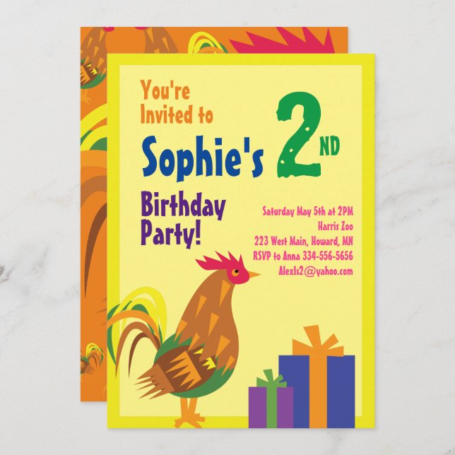 Rooster Animal Kid's Birthday Party Invitations (Front/Back)