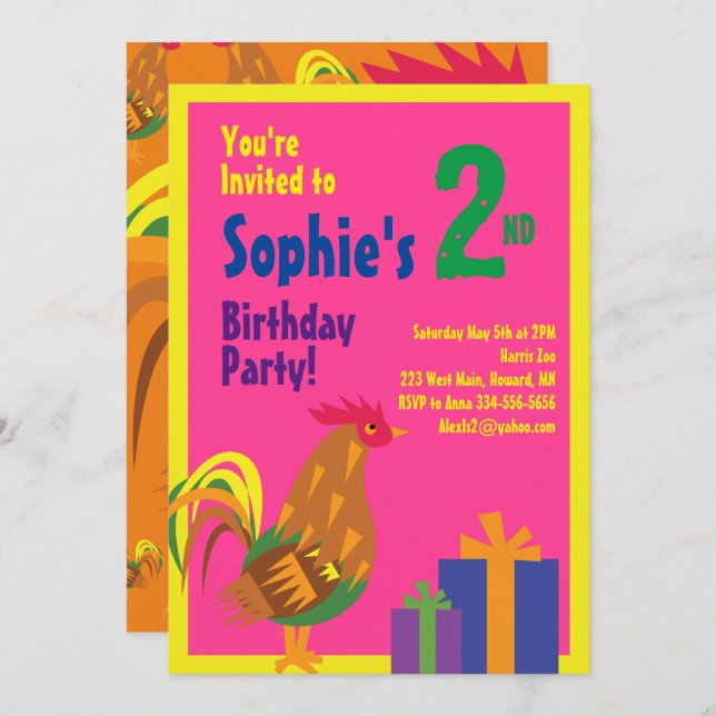 Rooster Animal Kid's Birthday Party Invitations (Front/Back)
