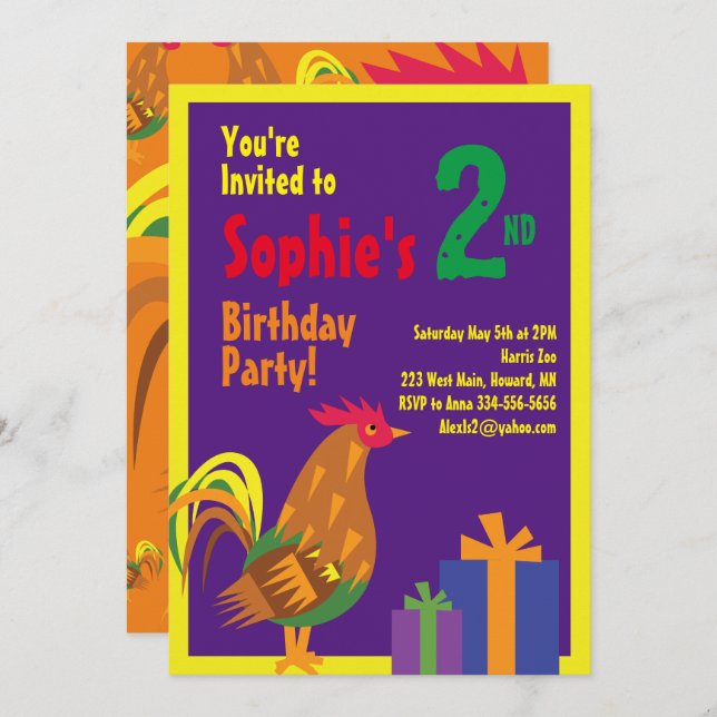 Rooster Animal Kid's Birthday Party Invitations (Front/Back)