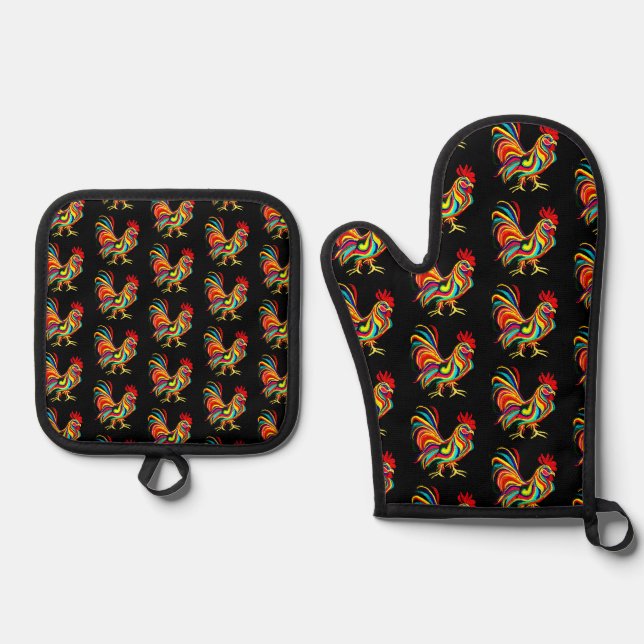 Rooster Apron Oven Mitt & Pot Holder Set (Front)