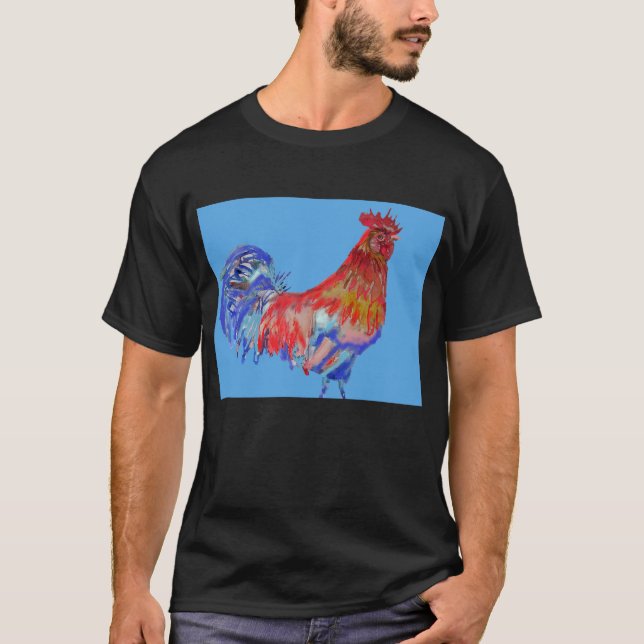 Rooster Art Chicken Watercolor Mans T Shirt (Front)