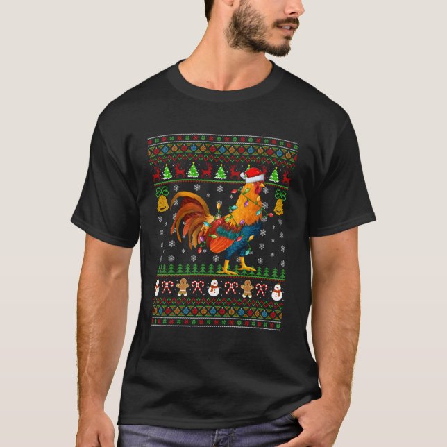 Rooster Bird Lighting Santa Rooster Ugly T-Shirt (Front)
