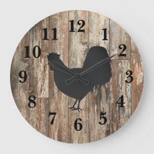 Rooster Black Silhouette Shiplap Rustic Decor Large Clock