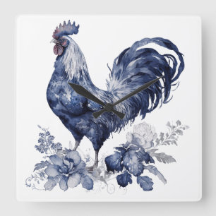 "Rooster" Blue Willow Style Square Wall Clock