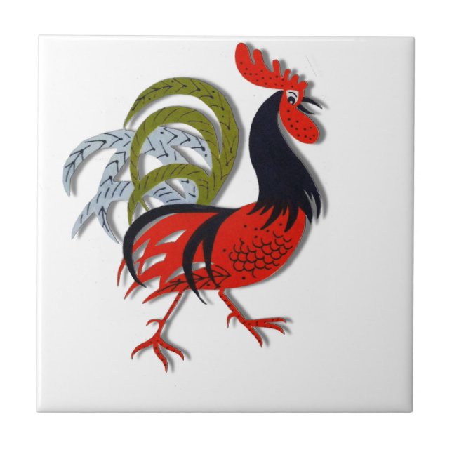 Rooster Cartoon Animated Customise Red Tile (Front)