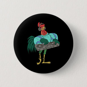 Rooster Cartoon Dj With Turntables Distressed 6 Cm Round Badge