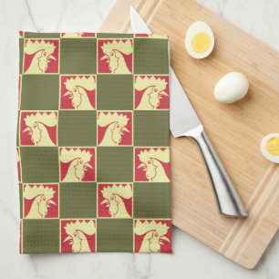 Rooster Chequerboard Pattern Tea Towel