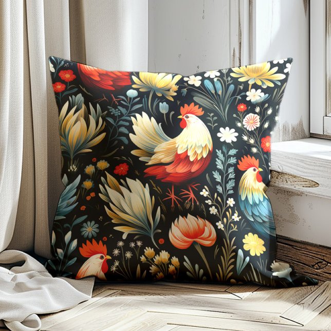 Rooster Chicken Flowers Black Farm  Cushion (Red and cream-colored rooster on black decorator pillow)