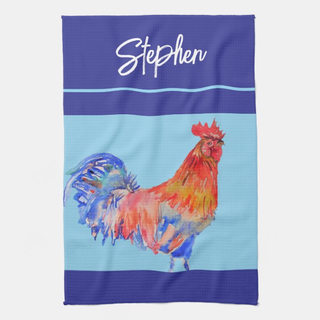 Rooster Chicken Watercolor Mens Navy Blue Tea Towel (Vertical)