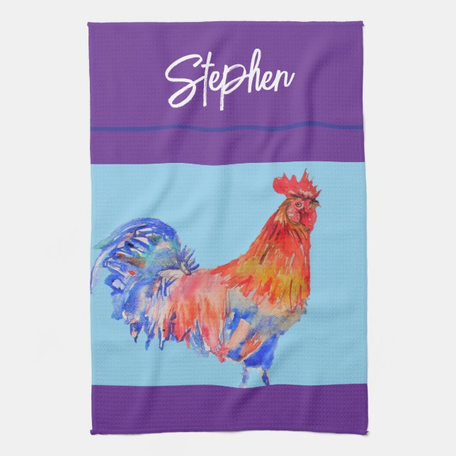 Rooster Chicken Watercolor Mens Purple Funny Tea Towel (Vertical)