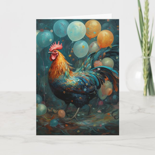 Rooster Chicken With Balloons Birthday  Card (Front)