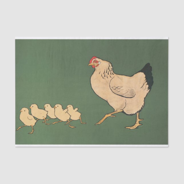 Rooster Chickens Chicks Decoupage Green Vintage Tissue Paper (Front)