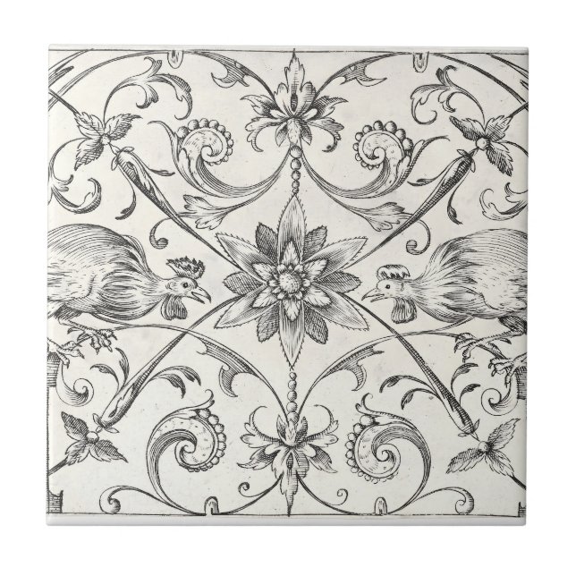 Rooster Chickens Cream Vintage Tile (Front)