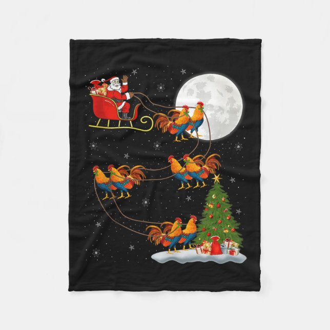 Rooster Chickens Santa Sleigh Flying Funny Magical Fleece Blanket (Front)