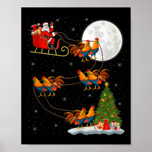Rooster Chickens Santa Sleigh Flying Funny Magical Poster