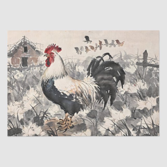 Rooster Chinese Ink Painting Decoupage Tissue Paper (Front)