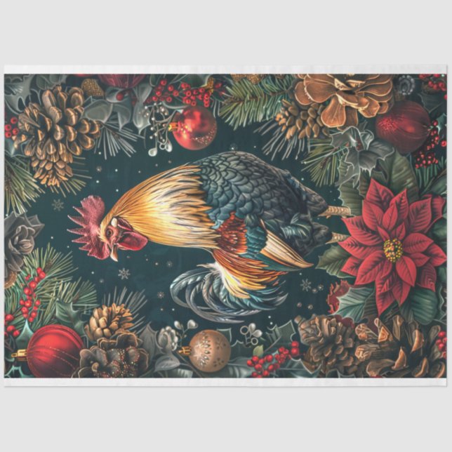 Rooster Christmas Scene Decoupage Tissue Paper (Front)