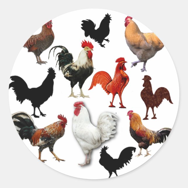 Rooster Collage Vintage Rustic Chickens Classic Round Sticker (Front)