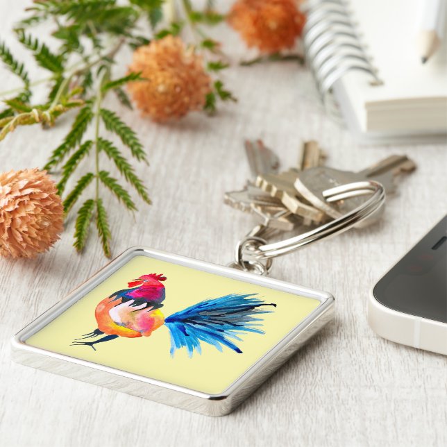 Rooster colourful watercolor illustration key ring (Side)