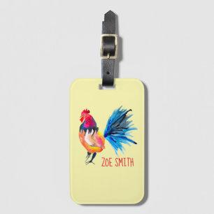 Rooster colourful watercolor illustration luggage tag