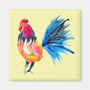 Rooster colourful watercolor illustration magnet