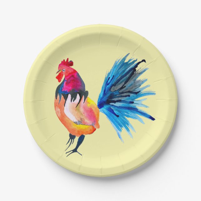 Rooster colourful watercolor illustration paper plate (Front)
