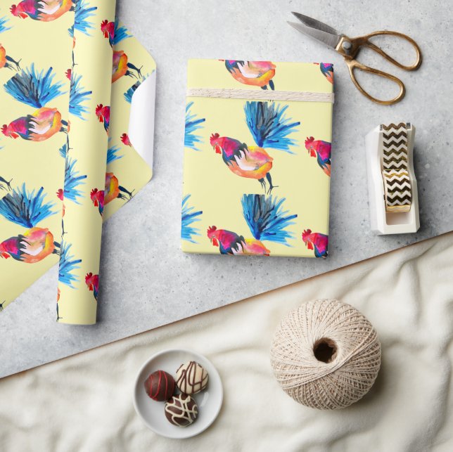 Rooster colourful watercolor illustration wrapping paper (Crafts)