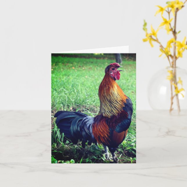 Rooster Crowing Farm Animal Note Card (Yellow Flower)