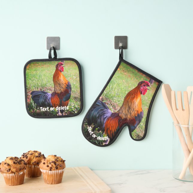 Rooster Crowing Farm Animal Personalised Oven Mitt & Pot Holder Set (Insitu(Hanging))
