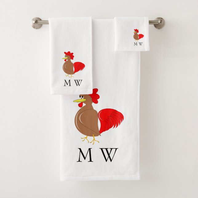 Rooster Design Monogrammed Bath Towel Set (Insitu)