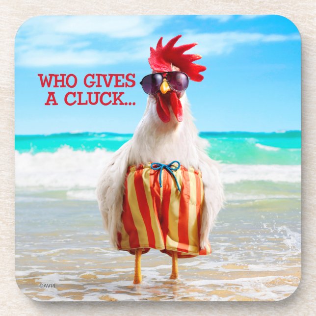 Rooster Dude Chillin' at Beach in Swim Trunks Coaster (Front)